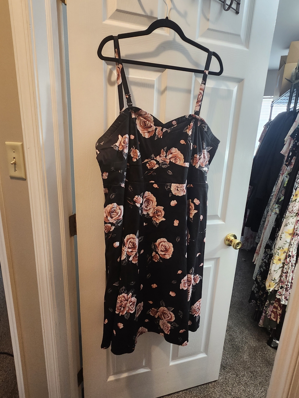 Torrid Floral A-Line Sundress with Adjust Straps - Black with Pink Roses, 22= 2X